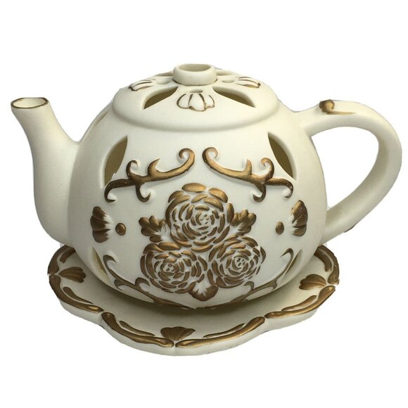 Partylite P7301 Tea Time Teapot Tealight Candle Holder Cream Gold Bisque Ceramic - Picture 1 of 9